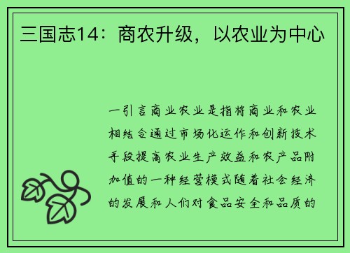 三国志14：商农升级，以农业为中心