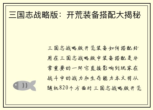 三国志战略版：开荒装备搭配大揭秘