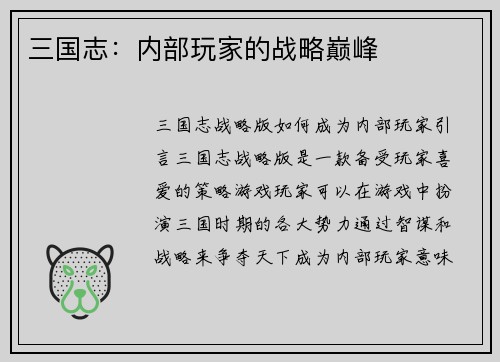 三国志：内部玩家的战略巅峰